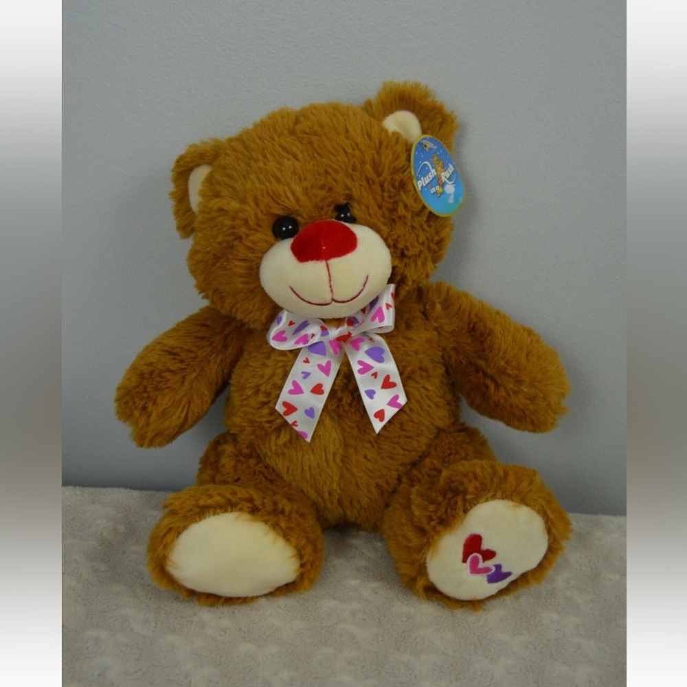 Kellytoy Teddy Bear Plush Stuffed Animal Toy Brown Red Nose Purple Hearts Bow